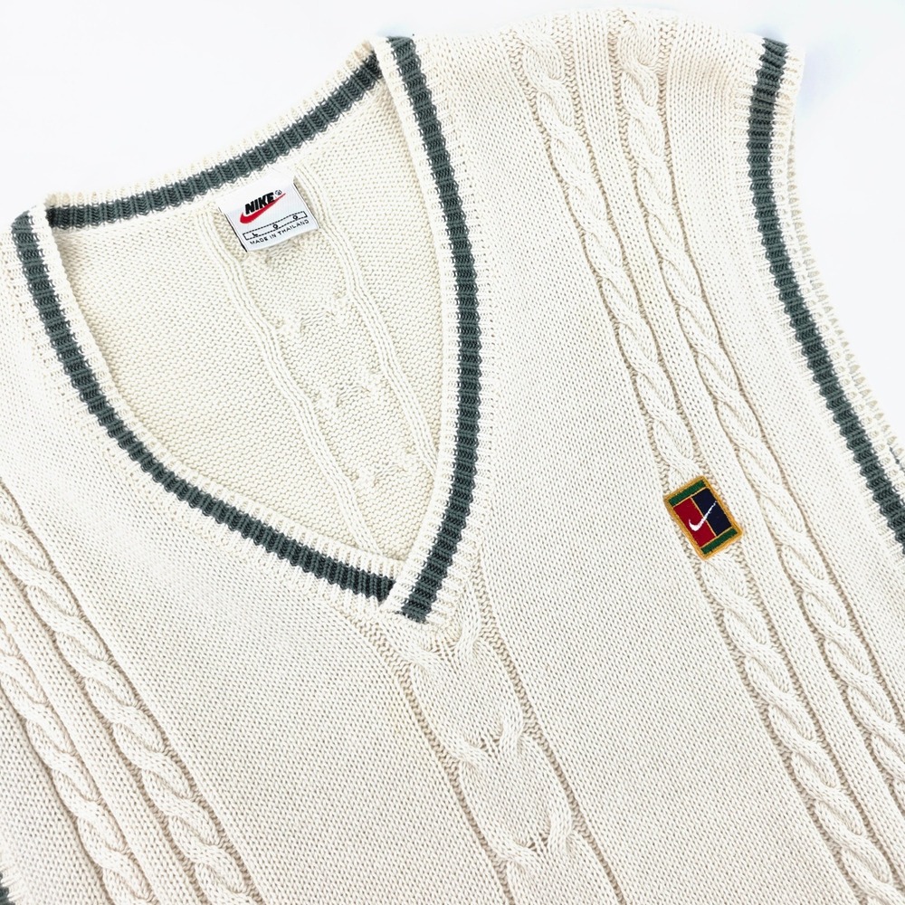 Vintage Nike Court Sweater Vest Mens Large Cream Cable Knit Tennis V-Neck Green